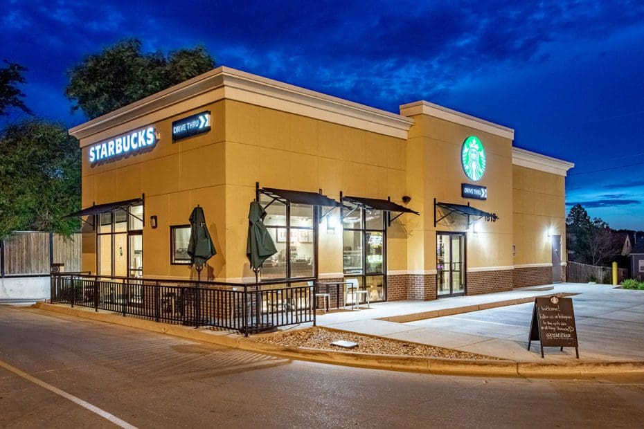 Angled exterior Starbucks on Mt. Rushmore Road in Rapid City, SD