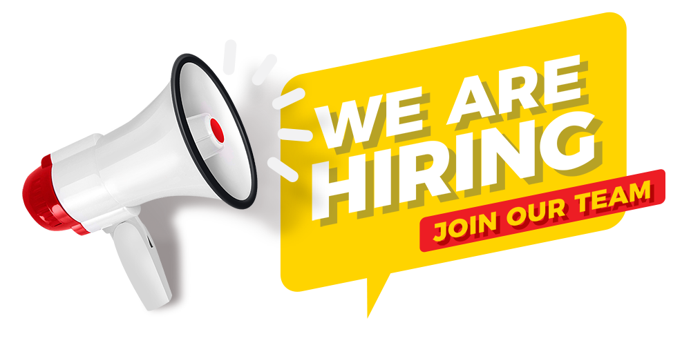 Loudspeaker next to we are hiring on a yellow dialogue box with join our team highlighted with red background below.