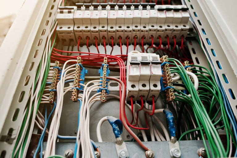 Close up view of electrical panel with fuses and contactors.