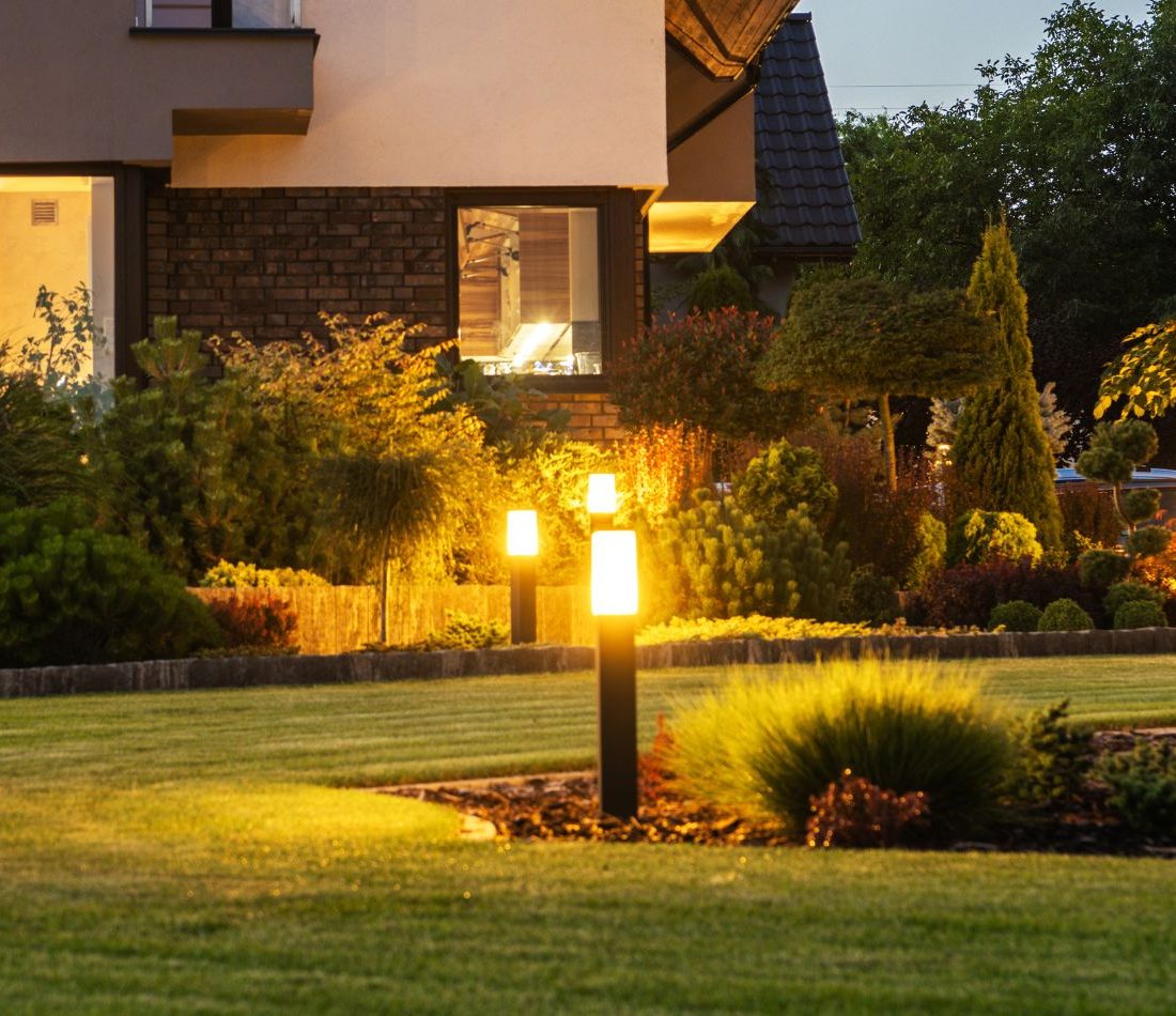 Outdoor perimeter lighting around home's backyard